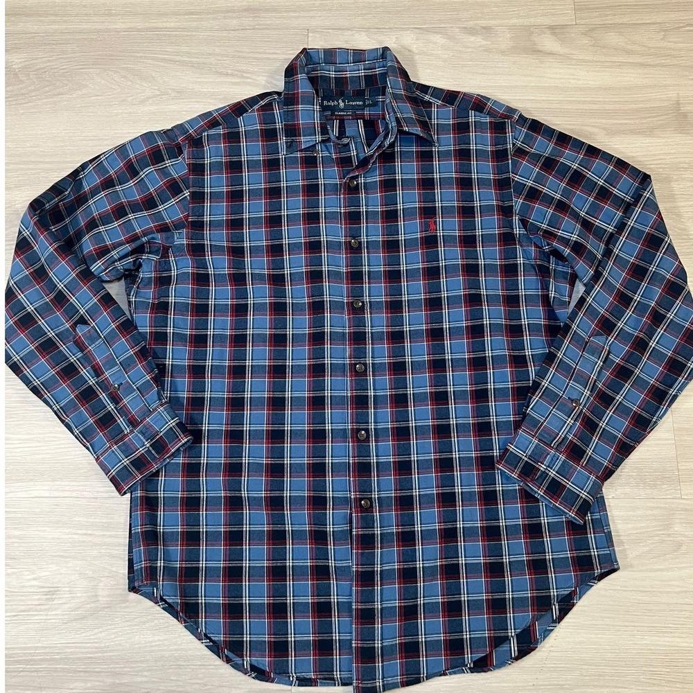 Ralph Lauren Plaid Flannel Shirt Mens L Blue Red Long Sleeve Classic Fit